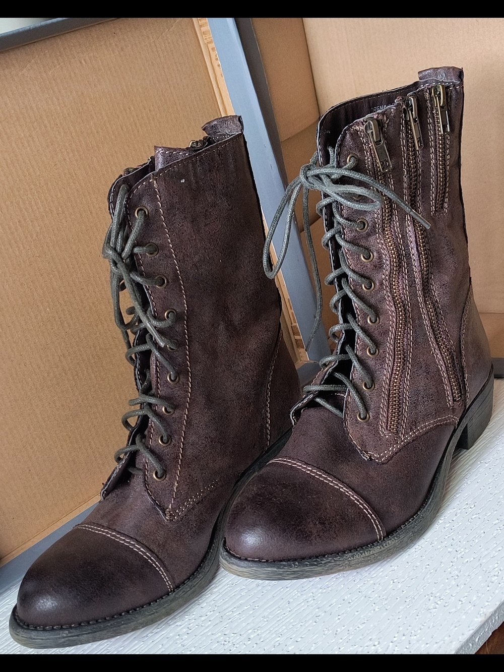 Women's Dark Brown Lace-Up Combat Boots with Side Zippers